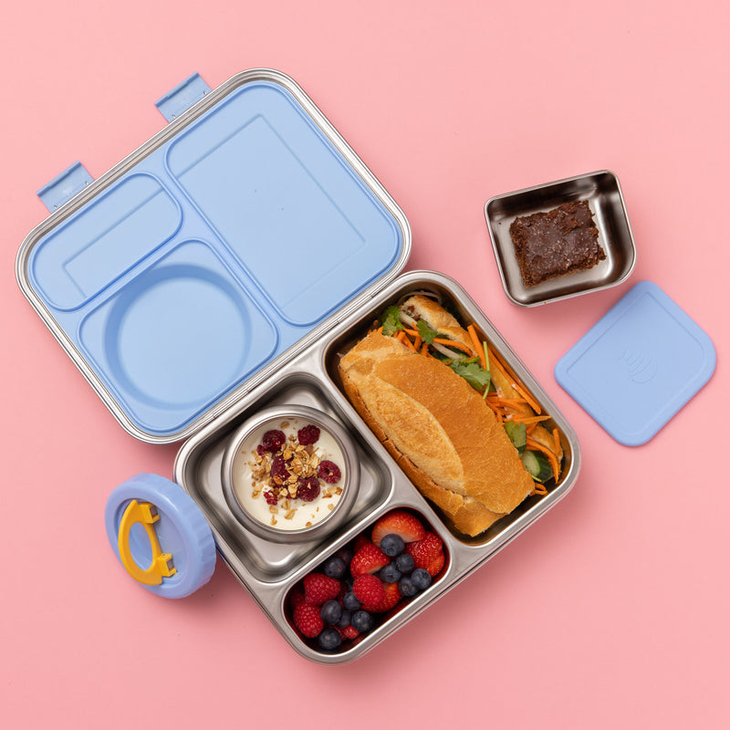 stainless steel hot n cold hero box with blue silicone and insulated 250ml food jar with blue lid