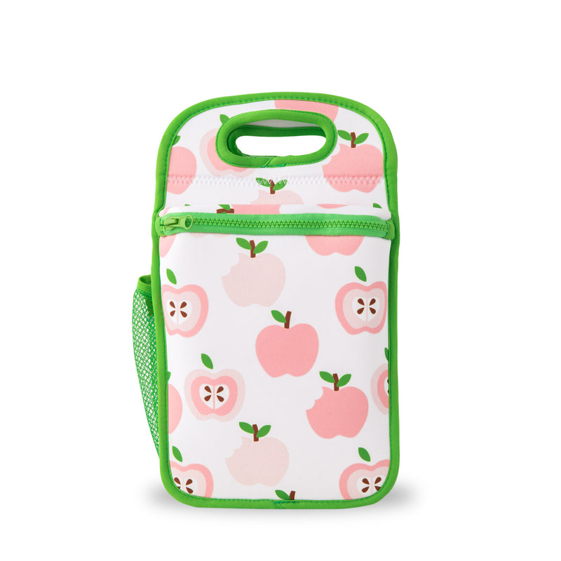 neoprene insulated lunch bag with light pink apple print and bright green binding - nudie rudie lunch box