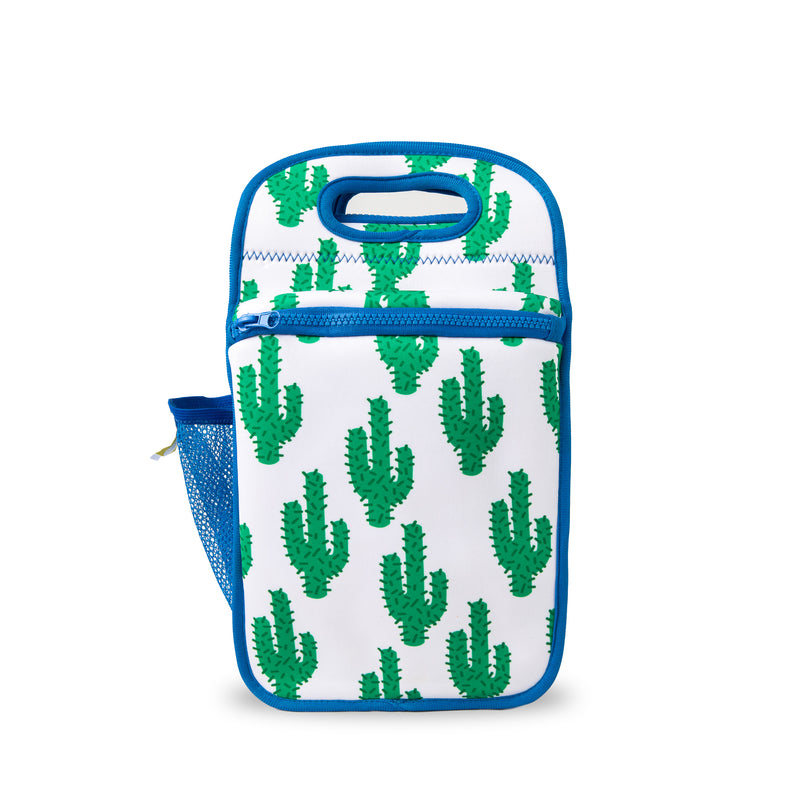 green cactus with blue binding neoprene kids insulated lunch bag - nudie rudie lunch box