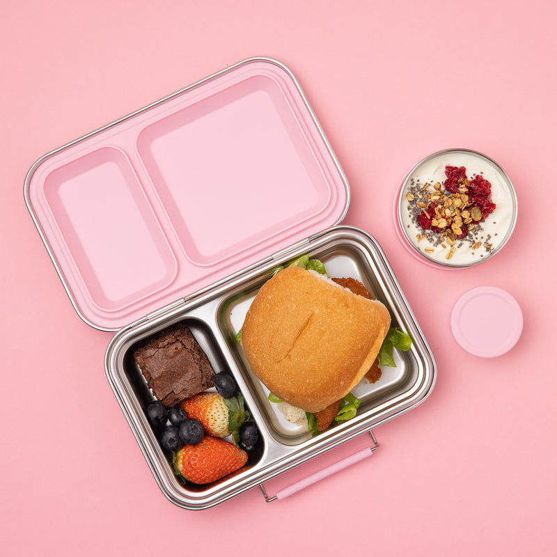 two compartmnet stainess steel lunch box with removable light pink silicone seal and two matching snack pots with silicone lids