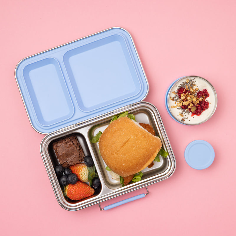 two compartmnet stainess steel lunch box with removable light blue silicone seal and two matching snack pots with silicone lids