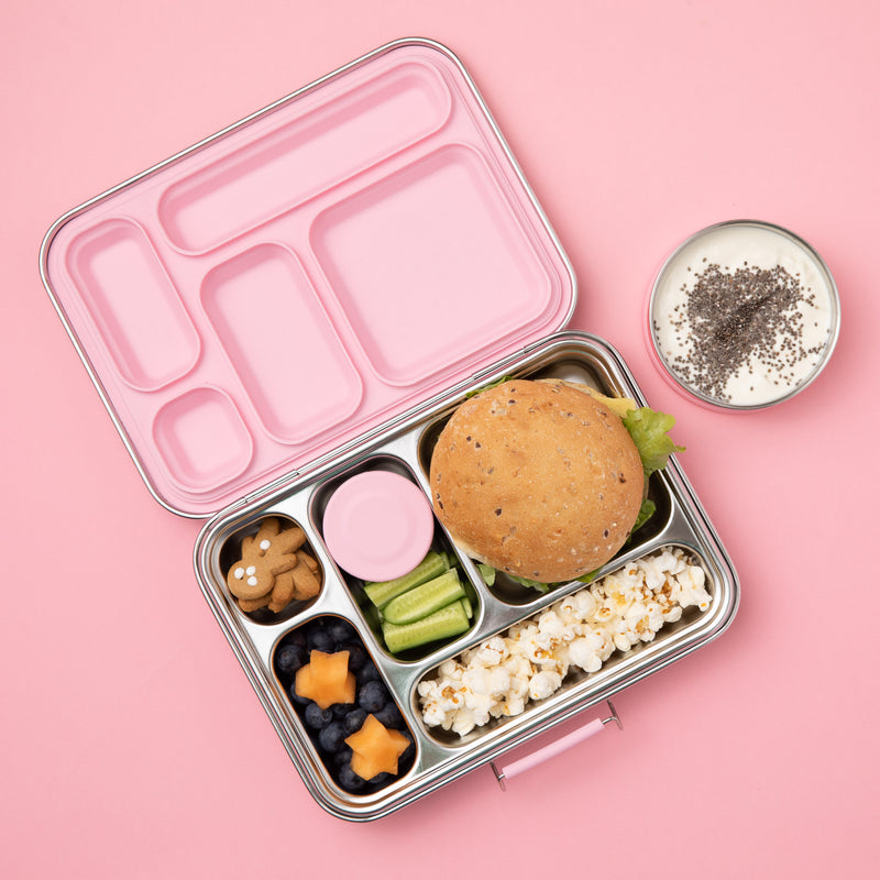 stainless steel leak proof lunchbox with light pink silicone seal on lid - nudie rudie lunch box