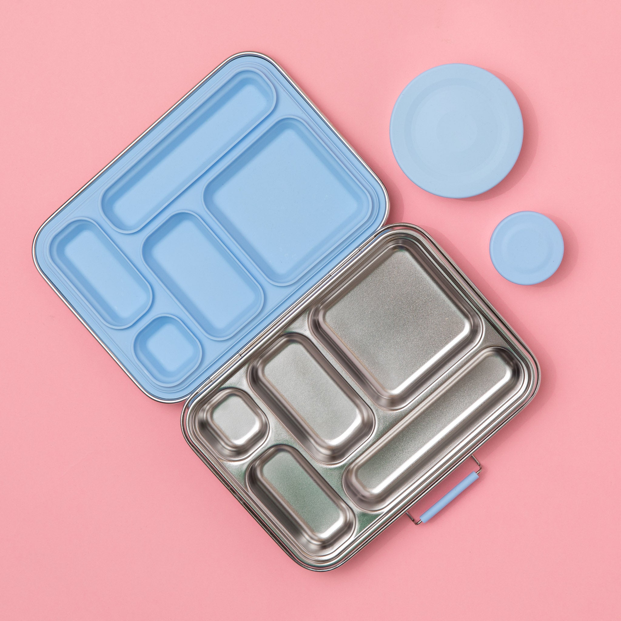 nudie rudie lunch box leak proof stainless steel bento style lunchbox with blue removable silicone seal on lid. comes with 2 additional snack pots