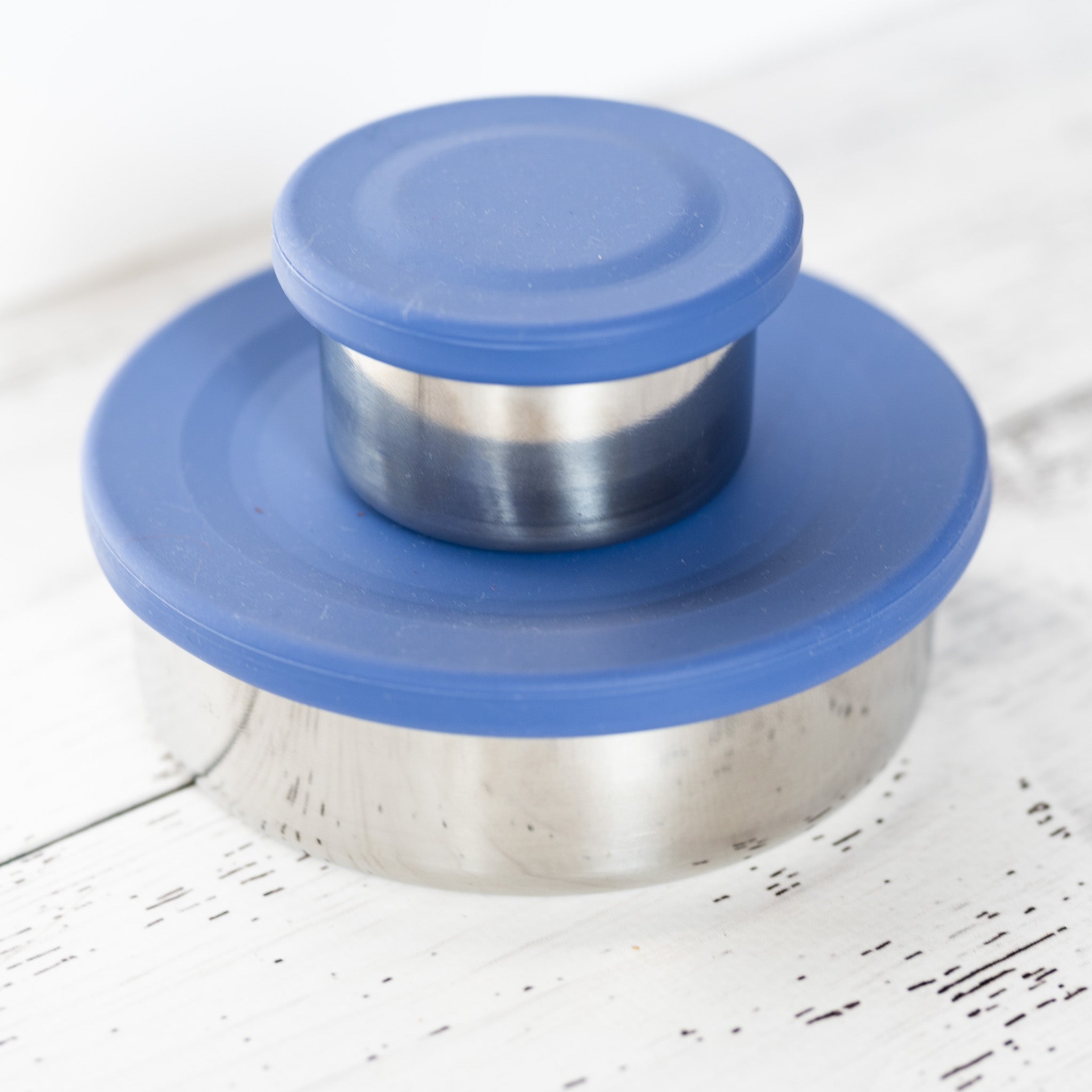 stainless steel snack containers with indigo silicone lids - nudie rudie lunchbox