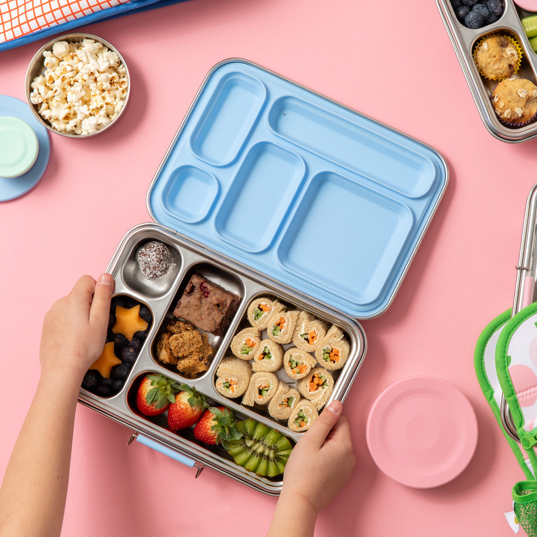 stainless steel leak proof lunch box with light blue silicone seal and snack pots - nudie rudie lunch box 