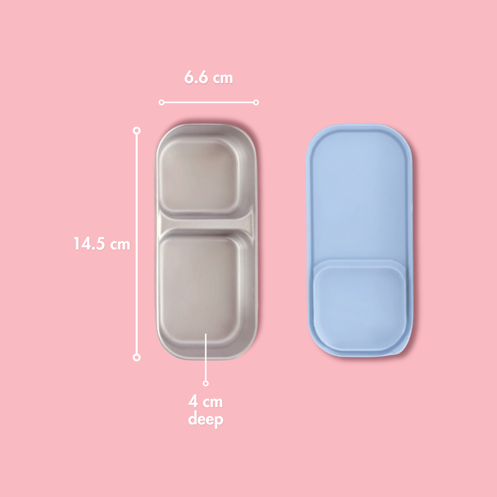 two compartment stainless steel snack pod with blue silicone lid dimensions showing 