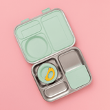 Hot n Cold stainless steel hero lunch box box in mint includes an insulated food jar that sits inside with 2 other compartments and a removable snack container 
