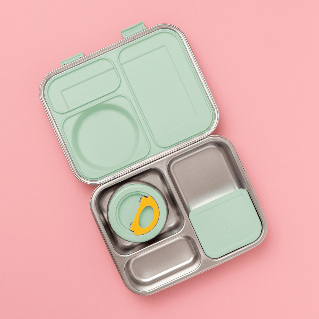 Hot n Cold stainless steel hero lunch box box in mint includes an insulated food jar that sits inside with 2 other compartments and a removable snack container 
