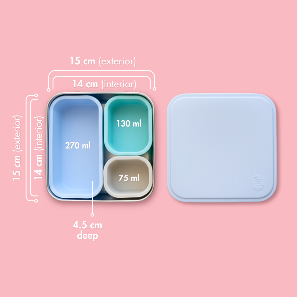 stainless steel sandwich box with 3 silicone cup inserts with blue silicone lid and dimensions showing 