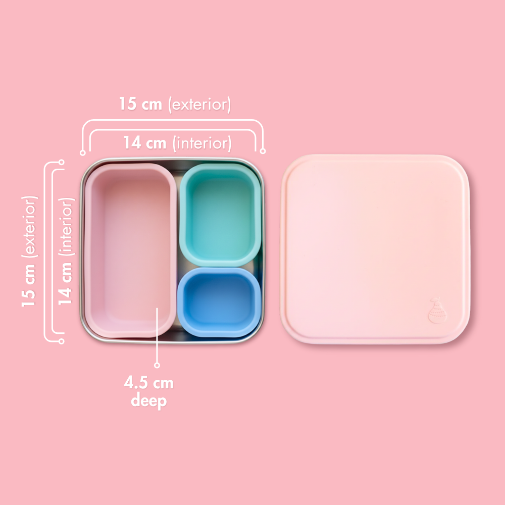 stainless steel sandwich box with 3 silicone cup inserts with pink silicone lid and dimensions showing 