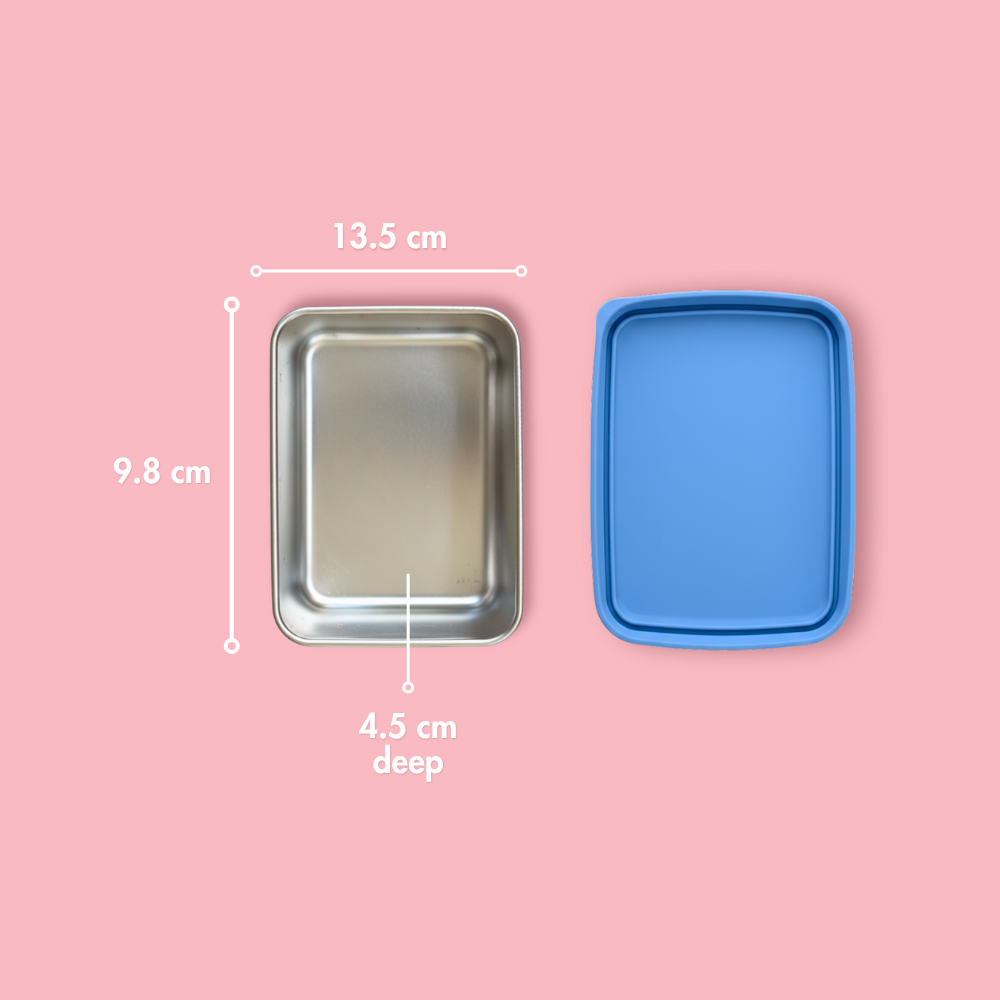 single compartment stainless steel snack buddy with blue silicone lid dimensions showing 