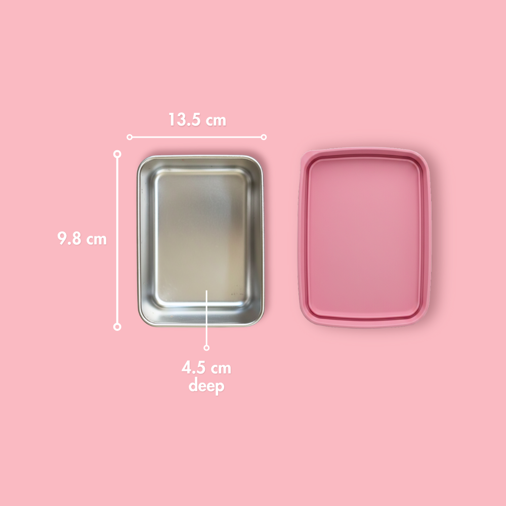 single compartment stainless steel snack buddy lunch box  with pink silicone lid and dimensions showing 