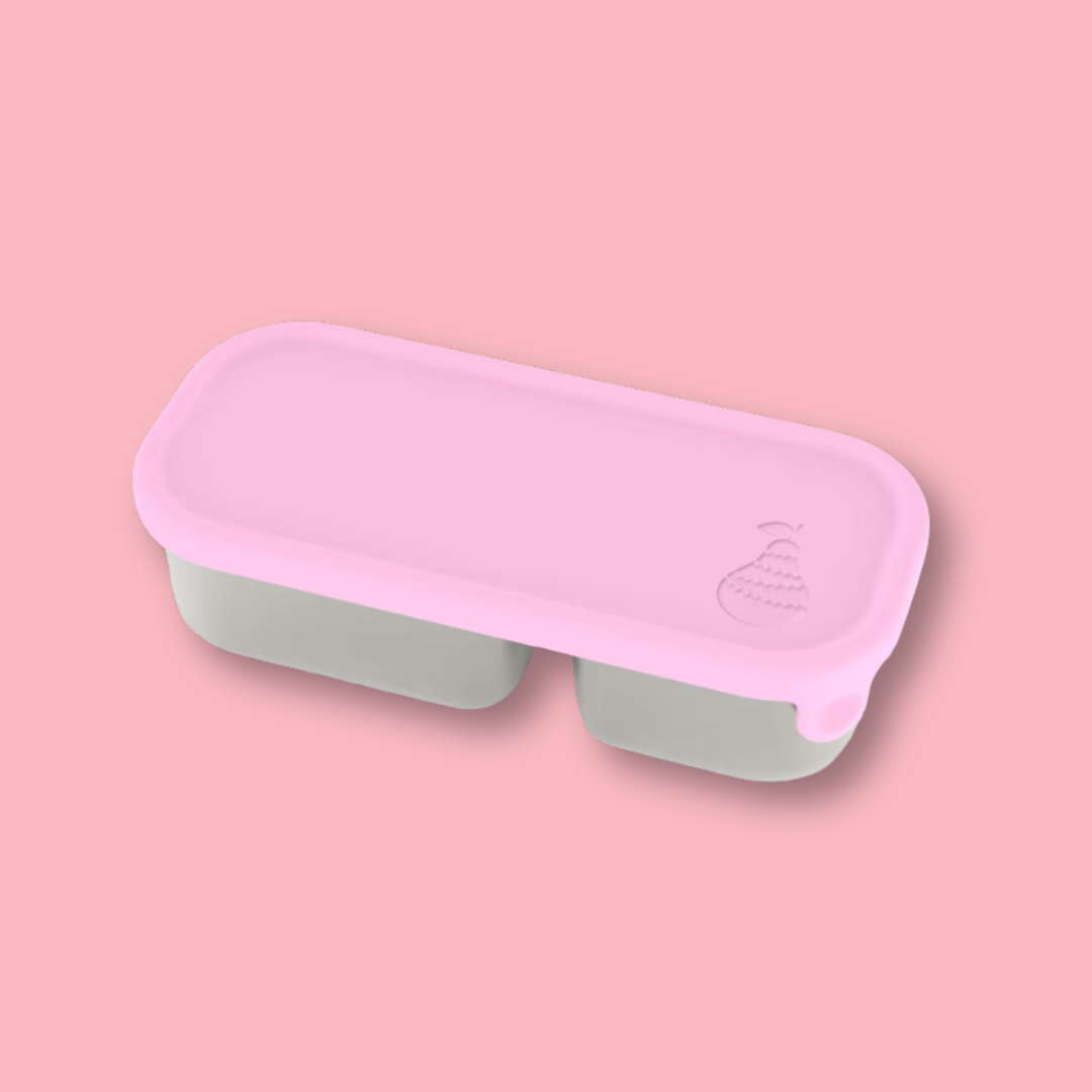 two compartment stainless steel snack container with light pink silicone lid and pear logo embossed