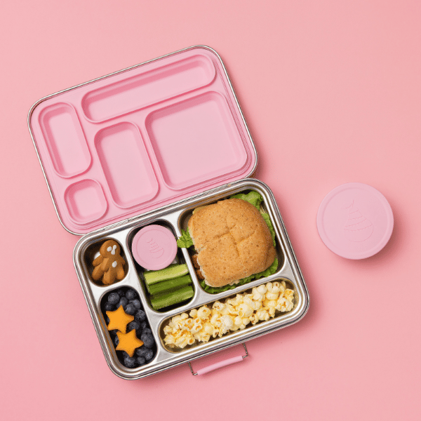 Five Compartment Leakproof Stainless Steel Lunch Box (Pink Seal & Lids)