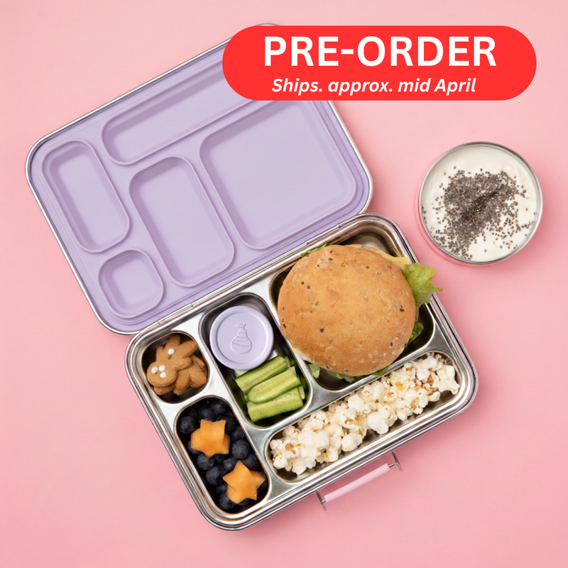 Five Compartment Leakproof Stainless Steel Lunch Box (Soft Lilac Seals & Lids)