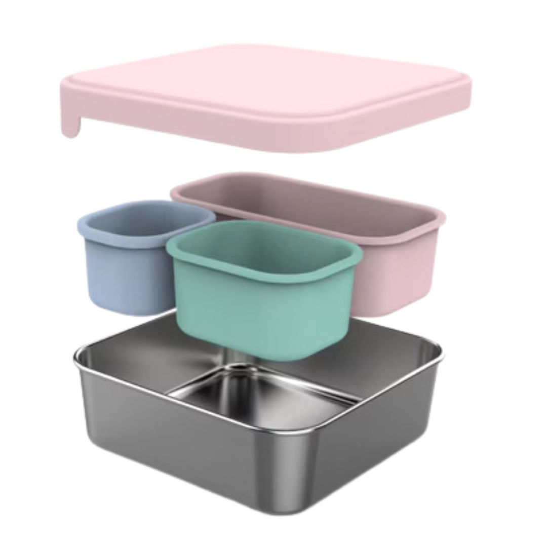 stainless steel sandwich pod lunch box with  silicone cups image shows how cups fit into lunch box 