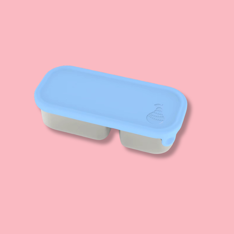two compartment stainless steel snack container with fitted silicone lid in light pink 