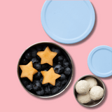 snacker pot set stainless steel with light blue silicon lid filled with snacks 