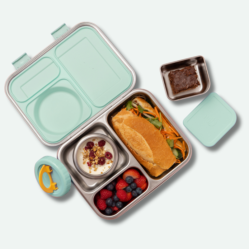 stainless steel lunch box with removable insulated food jar and mint coloured silicone seals and lid