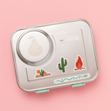 hot n cold hero box with mint clasps shown from above including our wild west reusable lunch box stickers