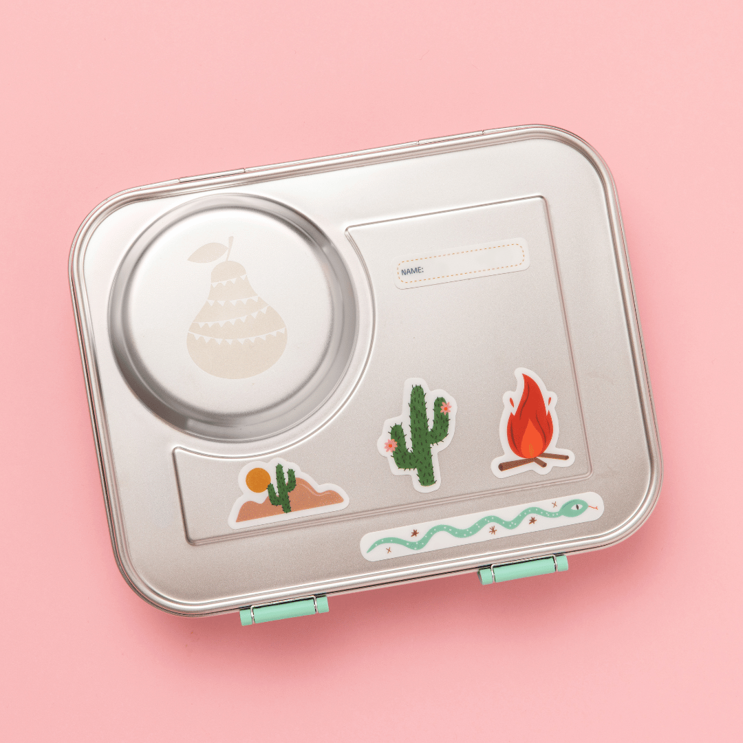 hot n cold hero box with mint clasps shown from above including our wild west reusable lunch box stickers