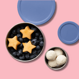 snacker pot set stainless steel with indigo silicon lid filled with snacks 
