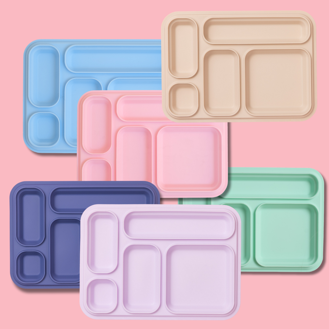 5 compartment stainless steel lunch box replacement silicone seals in blue, indigo, pink, mint, oatmeal and lilac
