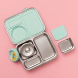 Hot n Cold stainless steel hero lunch box box in mint includes an insulated food jar that sits inside with 2 other compartments and a removable snack container 