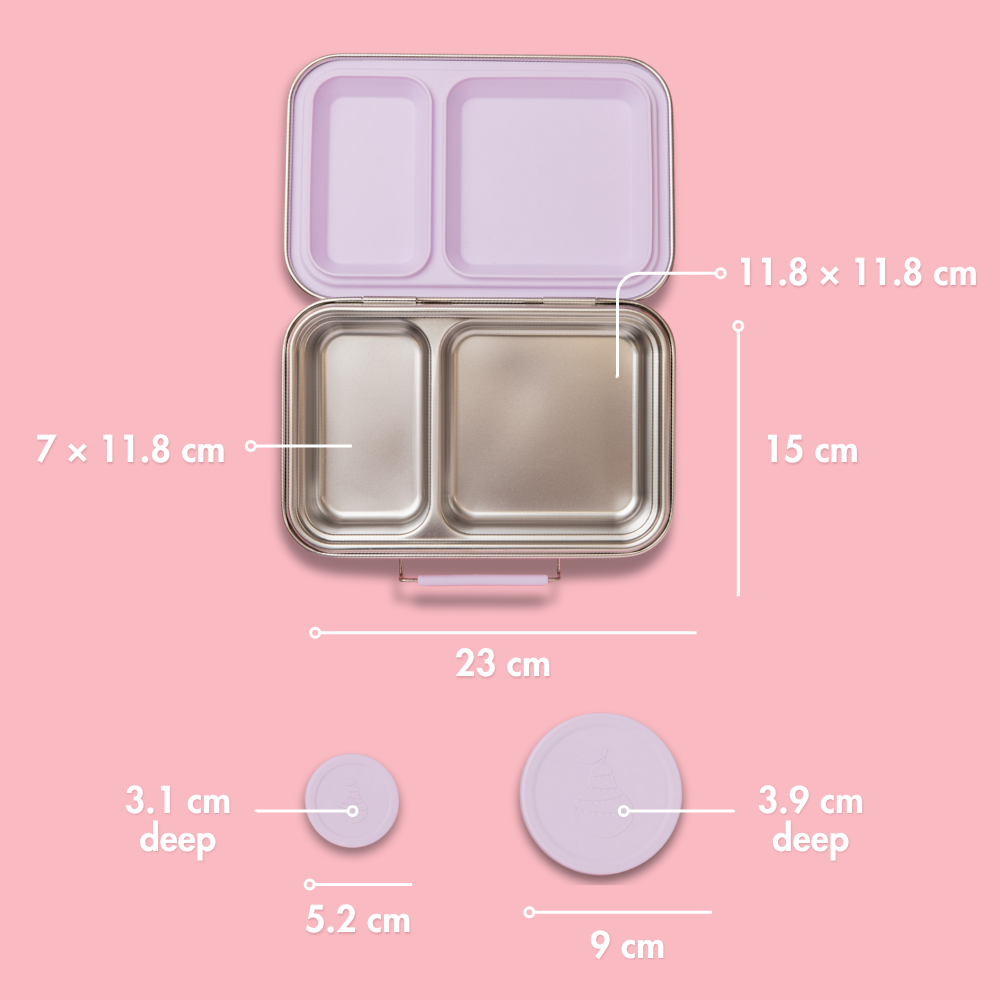 two compartment stainless steel lunch box with dimensions and soft lilac silicone seals and clasps