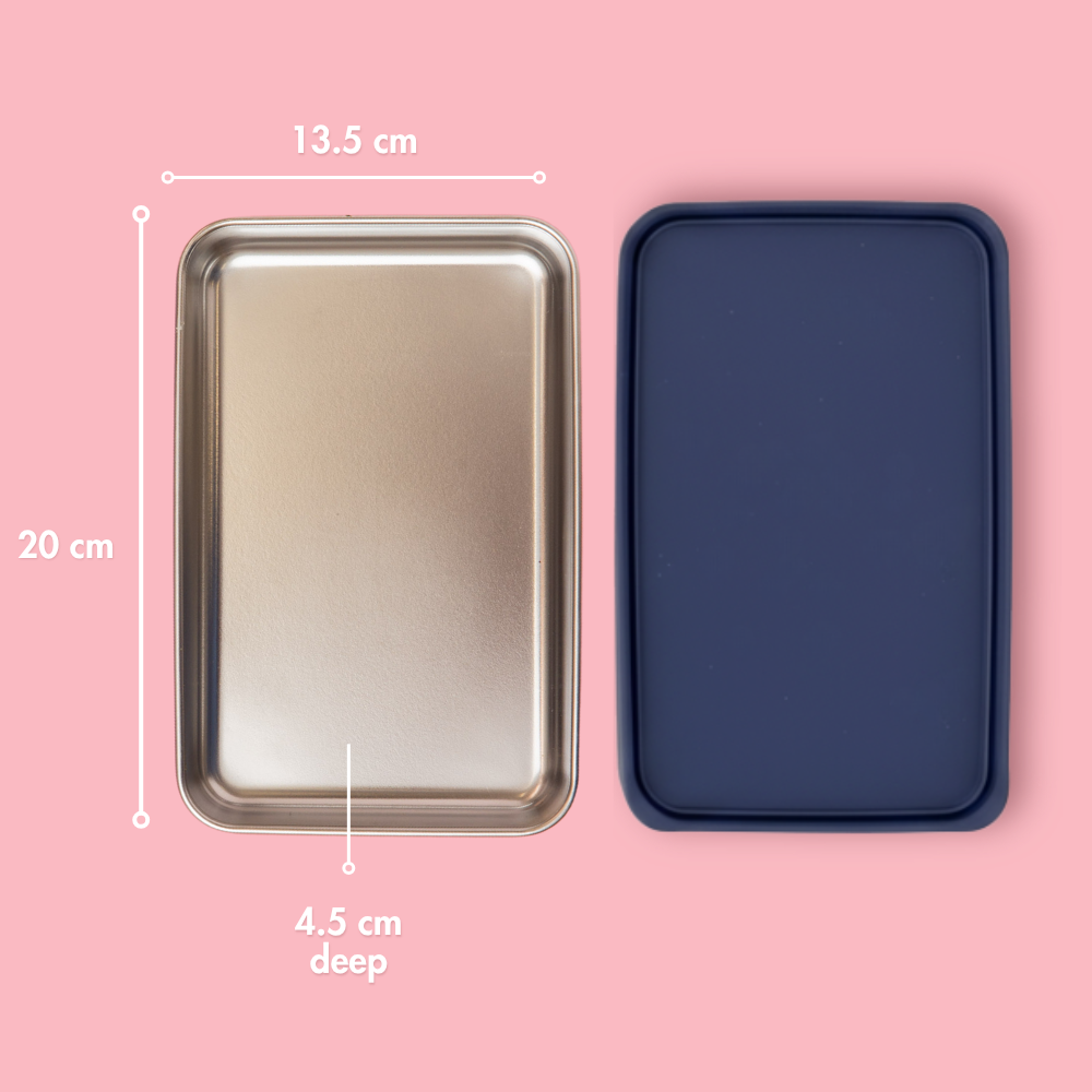 large stainless steel salad container or lunch box with navy silicone lid on pink background showing dimensions  