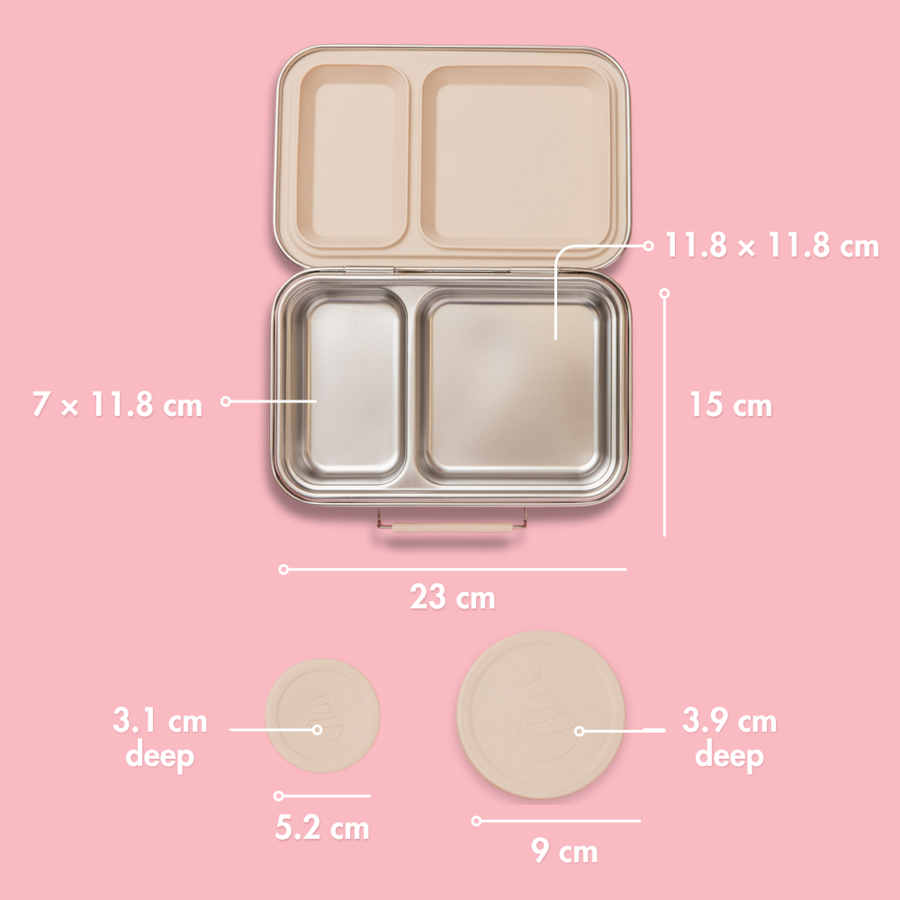 two compartment stainless steel lunch box with oatmeal silicone clasps and seals with dimensions shown 