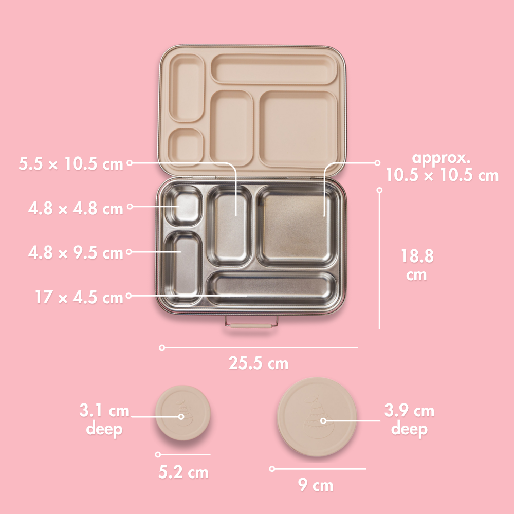 Stainless steel lunch box with oatmeal silicone seals and clasp dimensions labeled on a pink background