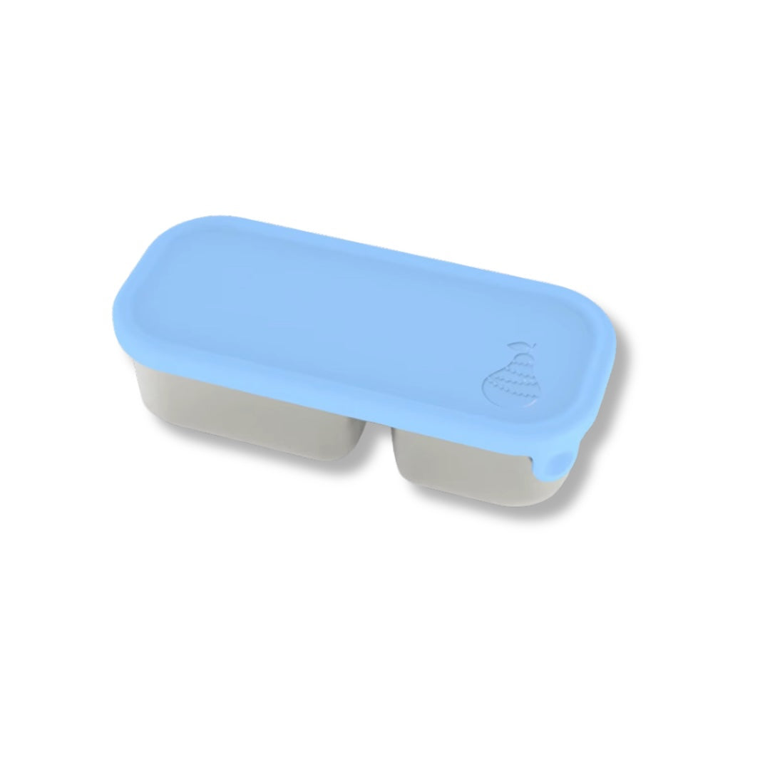 two compartment stainless steel snack container with light blue silicone lid and pear logo embossed