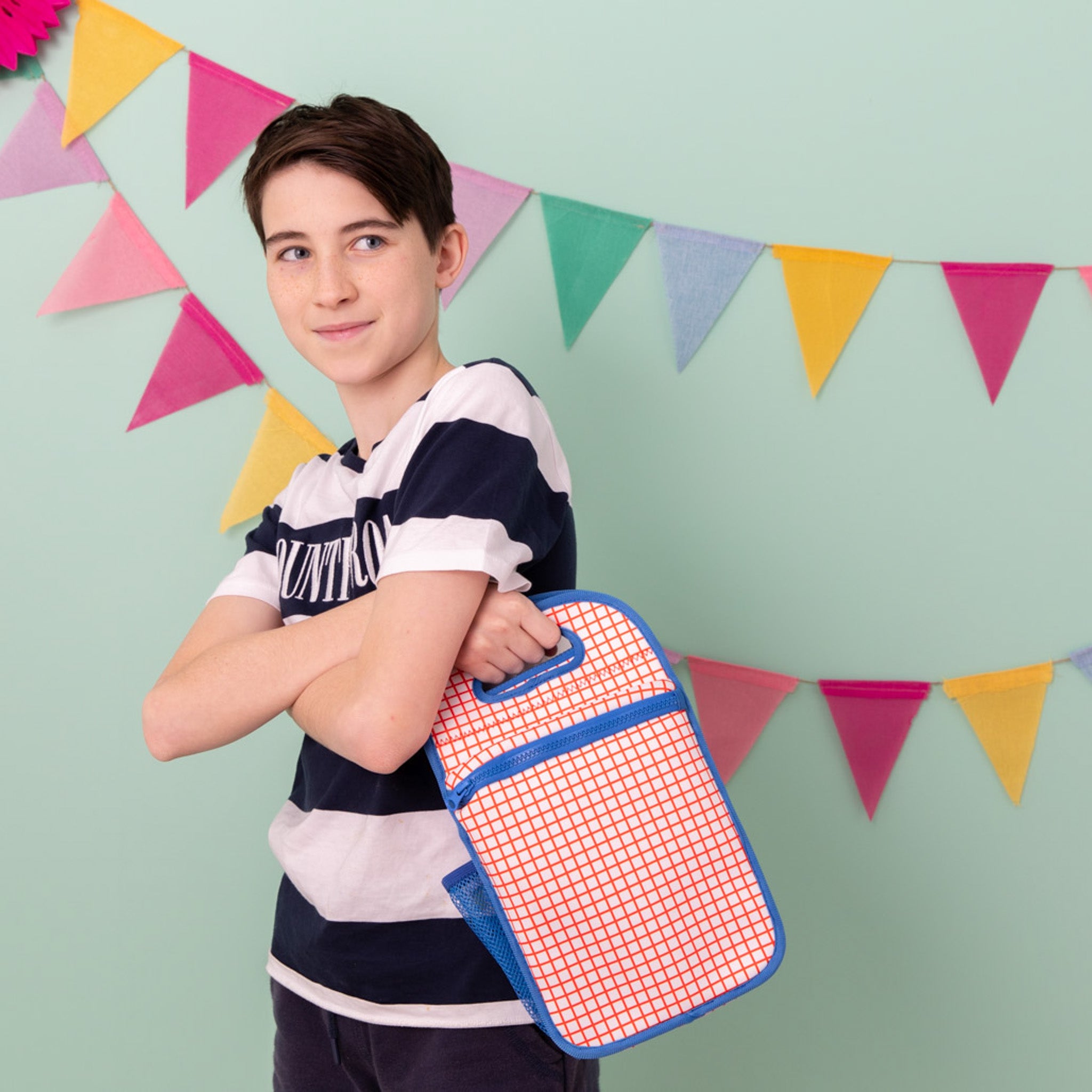 neoprene insulated lunch bag bright orange grid pattern and bright blue binding - nudie rudie lunch box