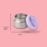 A stainless steel 250ml insulated food jar with a lilac purple lid, shown with dimension lines indicating a height of 6.5 cm and a diameter of 10 cm on a solid pink background.
