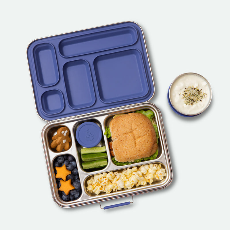 leak proof five compartment stainless steel lunch box with indigo coloured silicone seals, lids full of food
