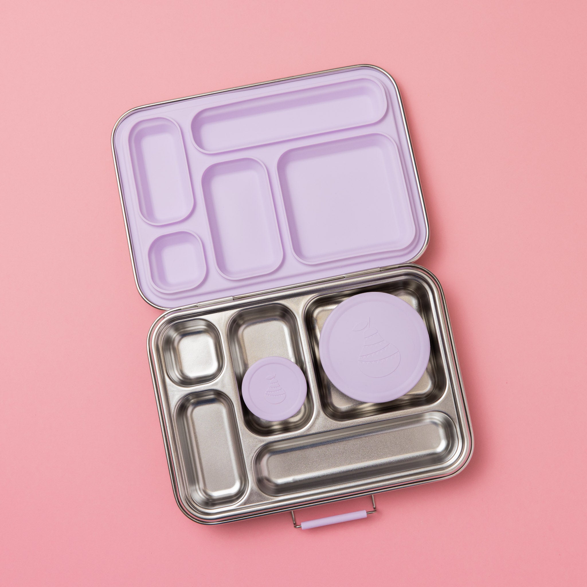 five compartment stainless steel lunch box with soft lilac seal and lids
