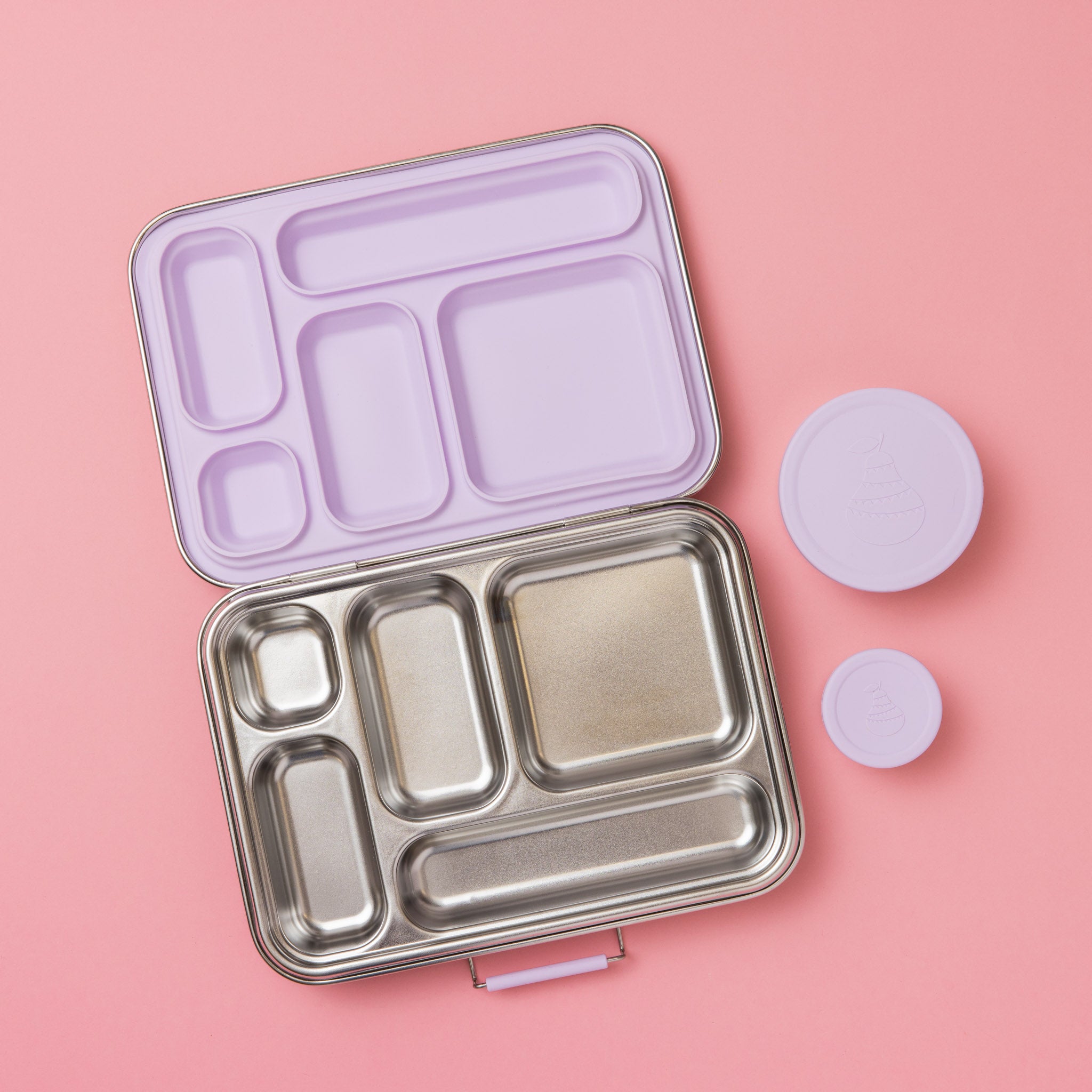 five compartment stainless steel lunch box with soft lilac seal and lids