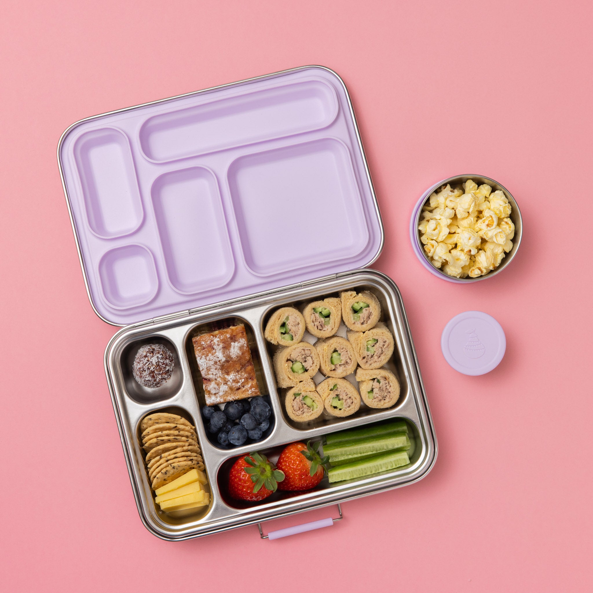 five compartment stainless steel lunch box with soft lilac seal and lids
