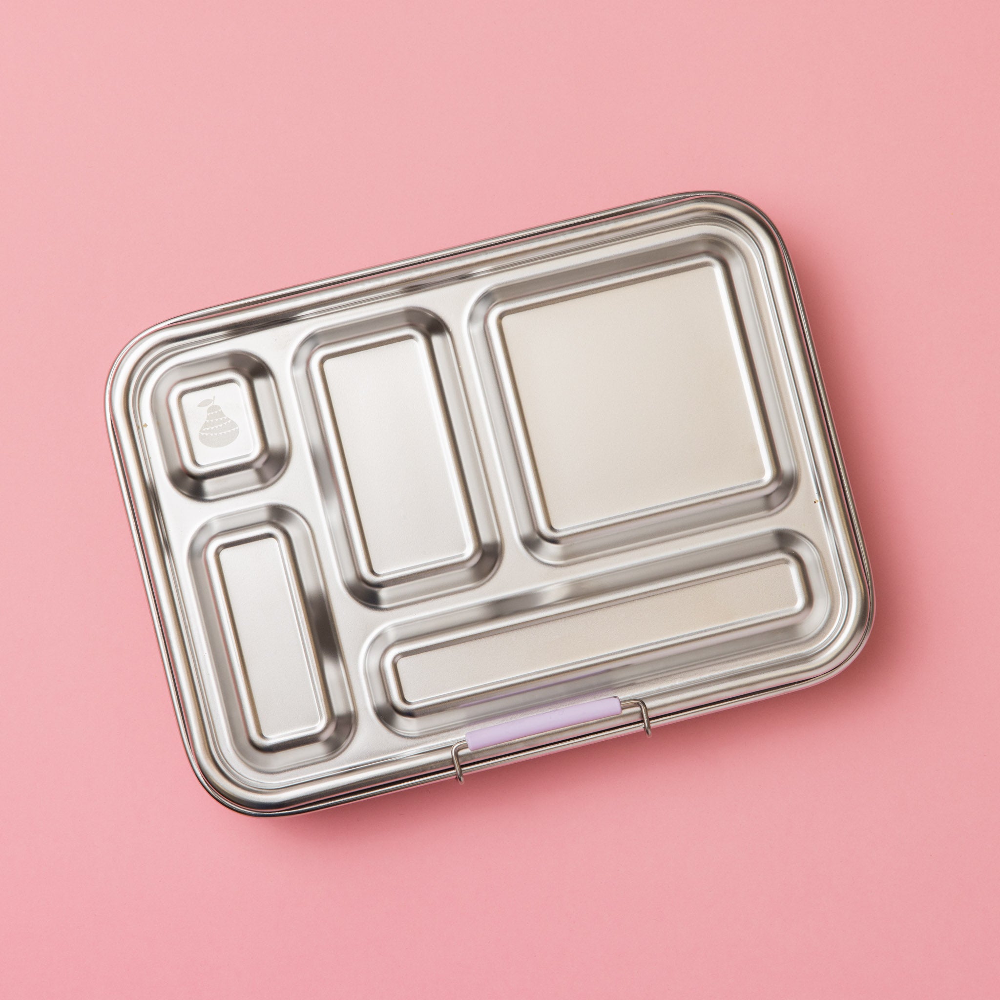 five compartment stainless steel bento style lunch box from above showing silicone clasp in lilac