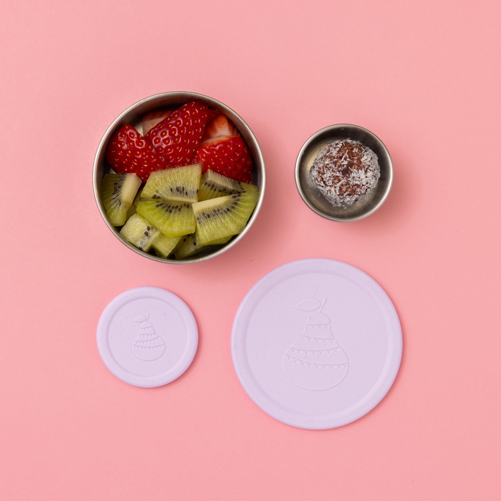 round stainless steel snacker pot sets with soft lilac lids full of food