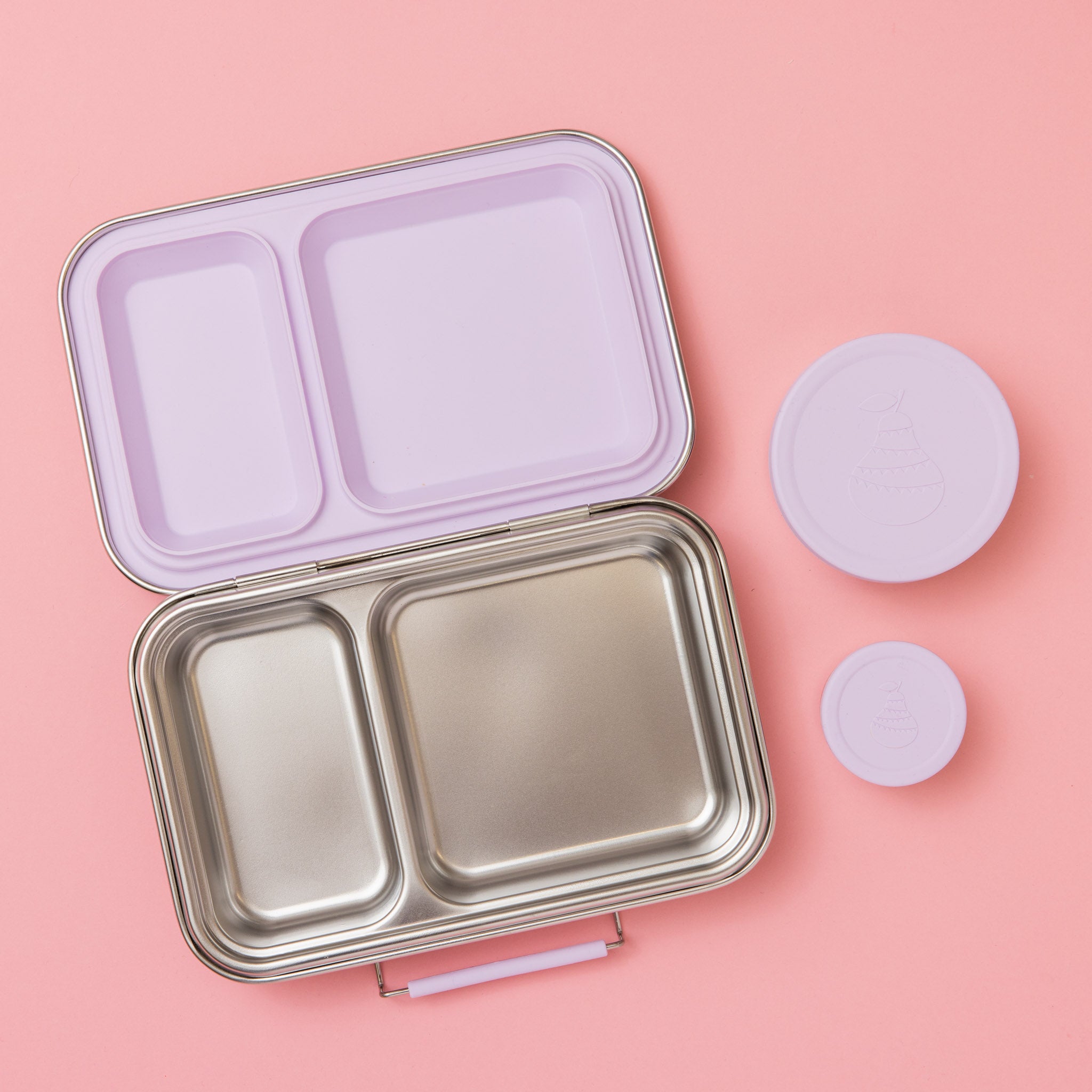 stainless steel two compartment lunch box with soft lilac/purple seals and clasp empty with two snack pots with pear logo on side