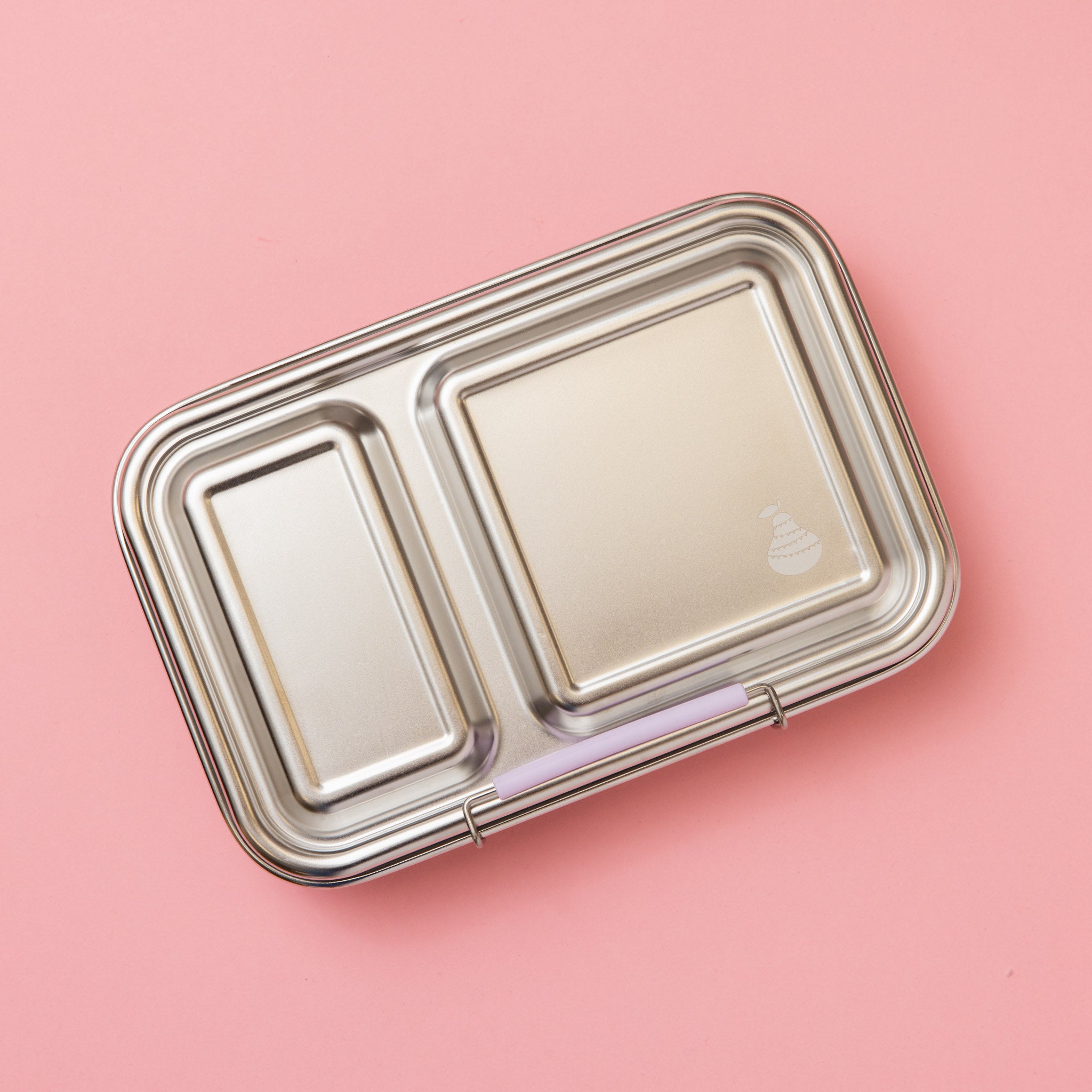 stainless steel two compartment lunch box with soft lilac/purple silicone clasp from above