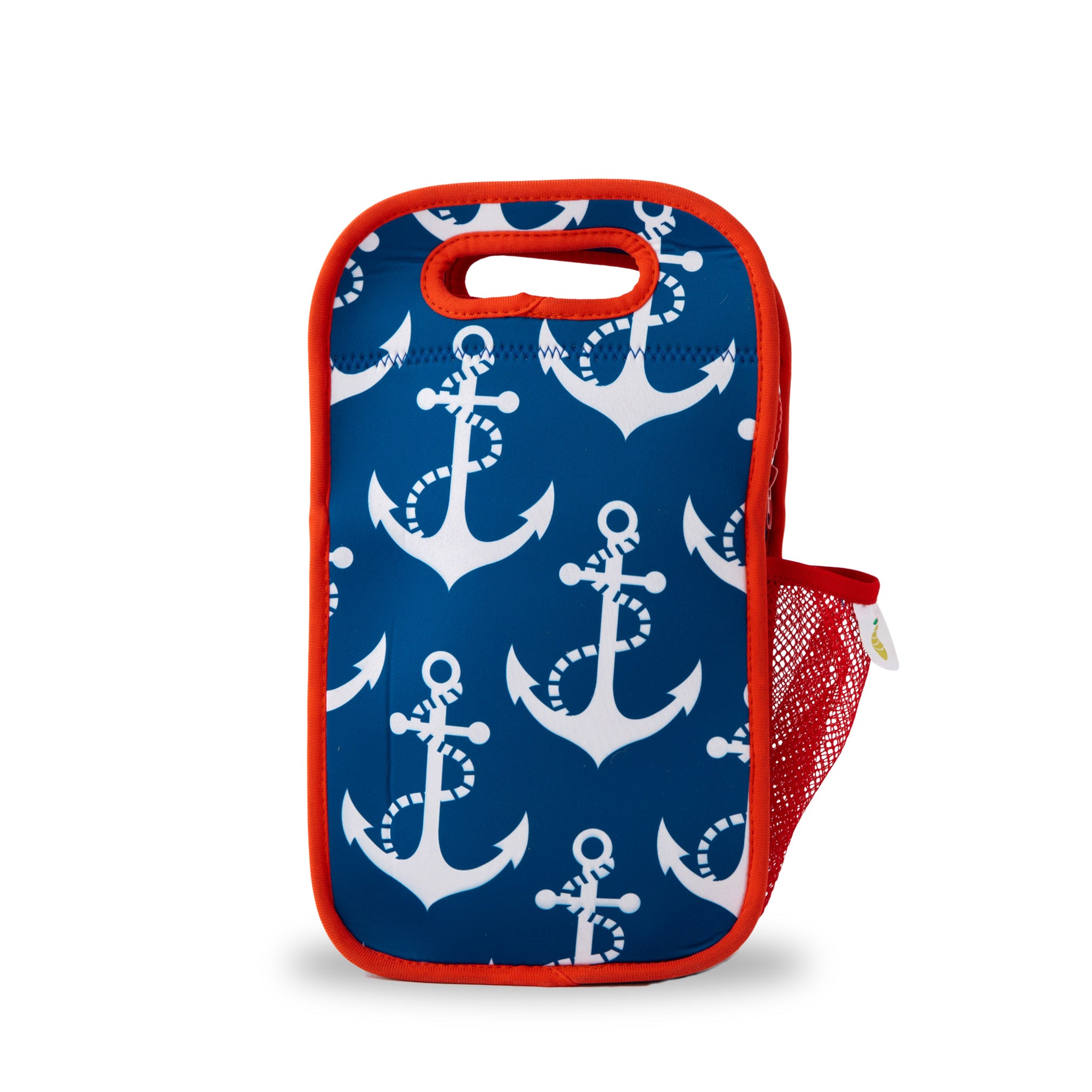 neoprene insulated lunch bag navy with white anchors and bright red binding - nudie rudie lunch box