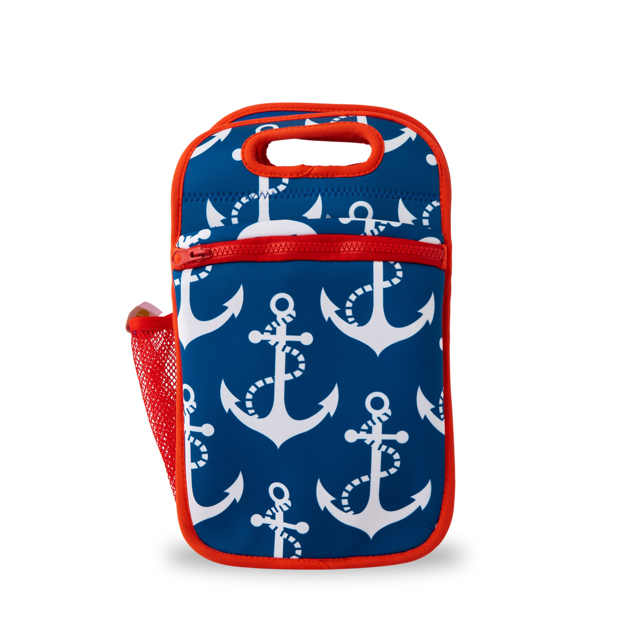 neoprene insulated lunch bag navy with white anchors and bright red binding - nudie rudie lunch box