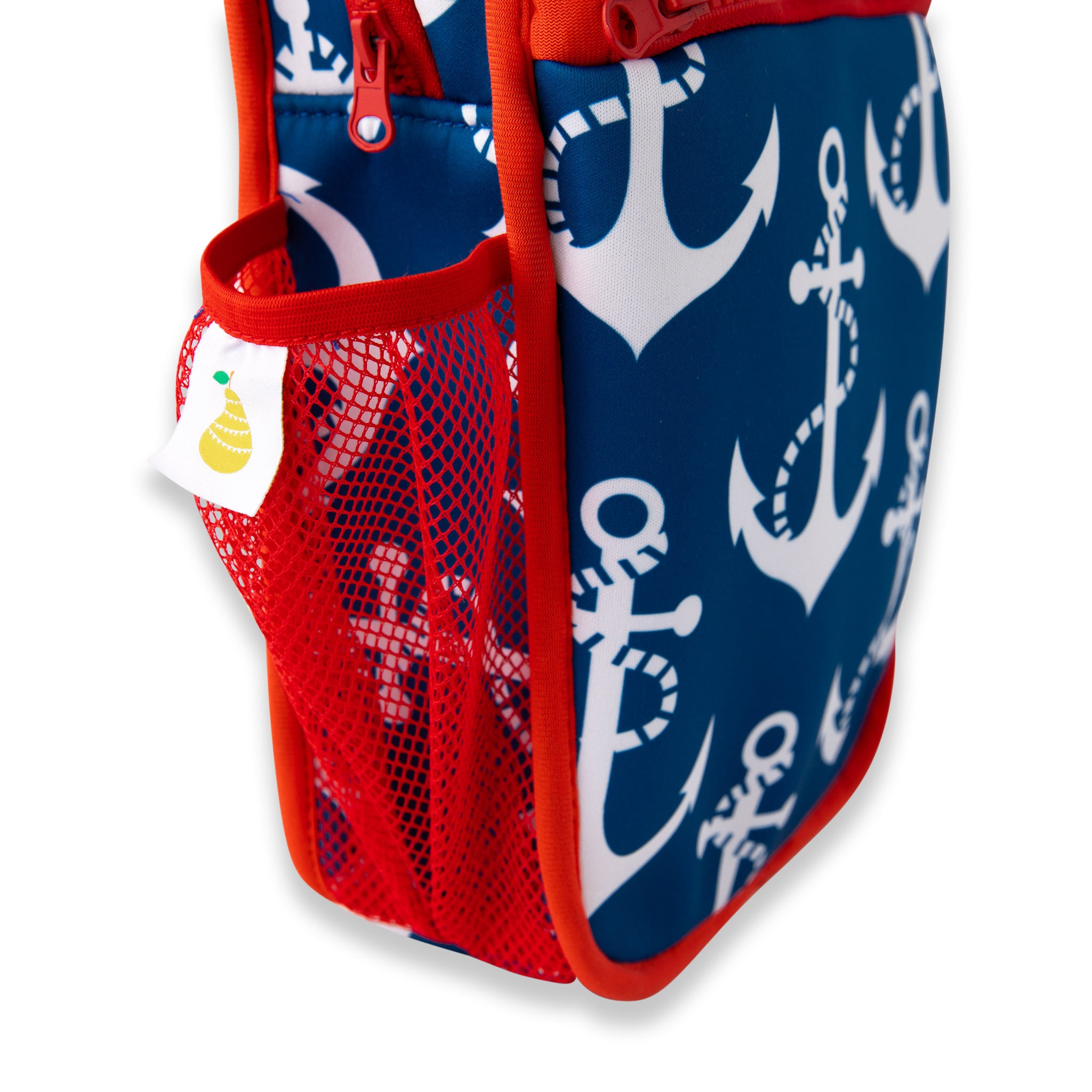 neoprene insulated lunch bag navy with white anchors and bright red binding - nudie rudie lunch box