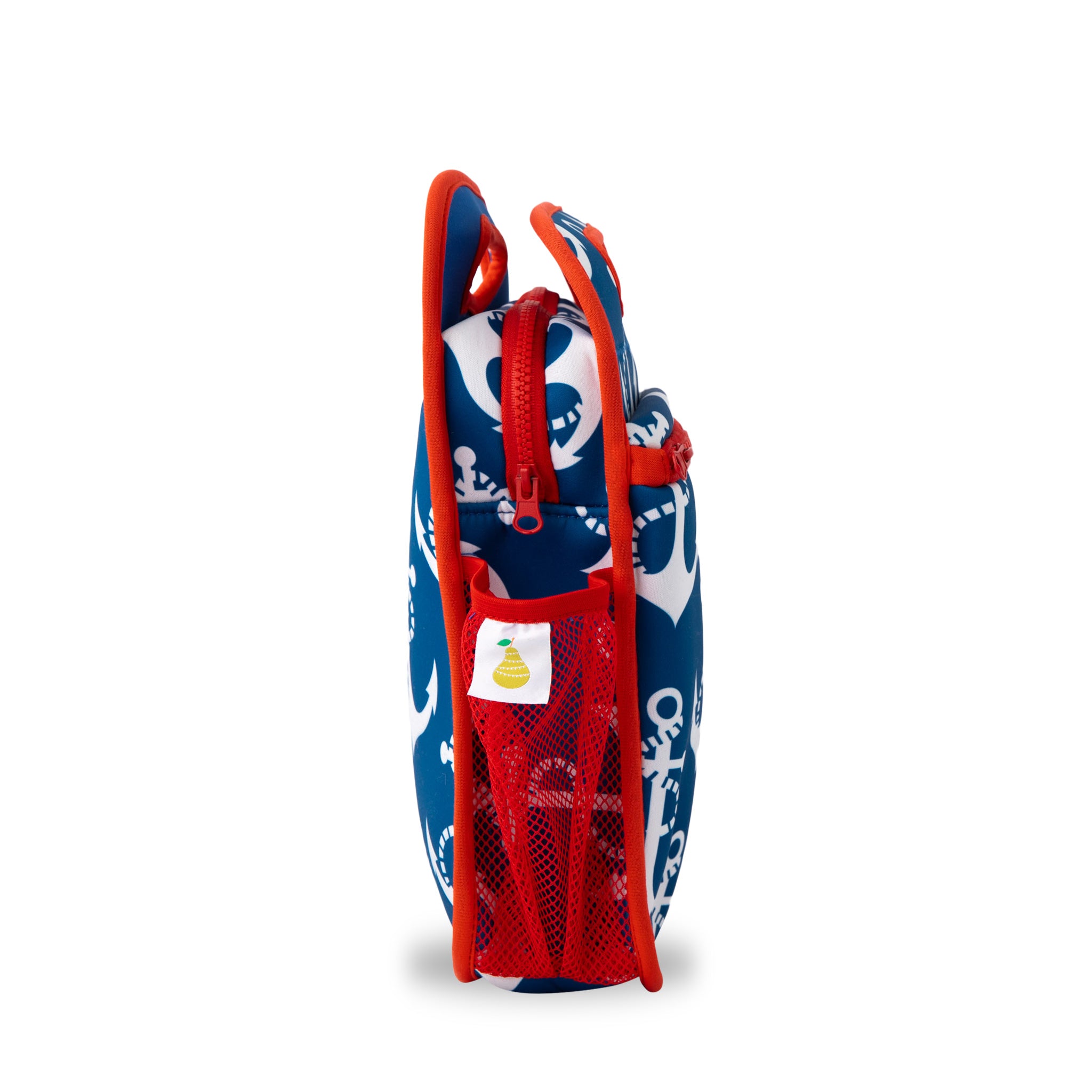 neoprene insulated lunch bag navy with white anchors and bright red binding - nudie rudie lunch box