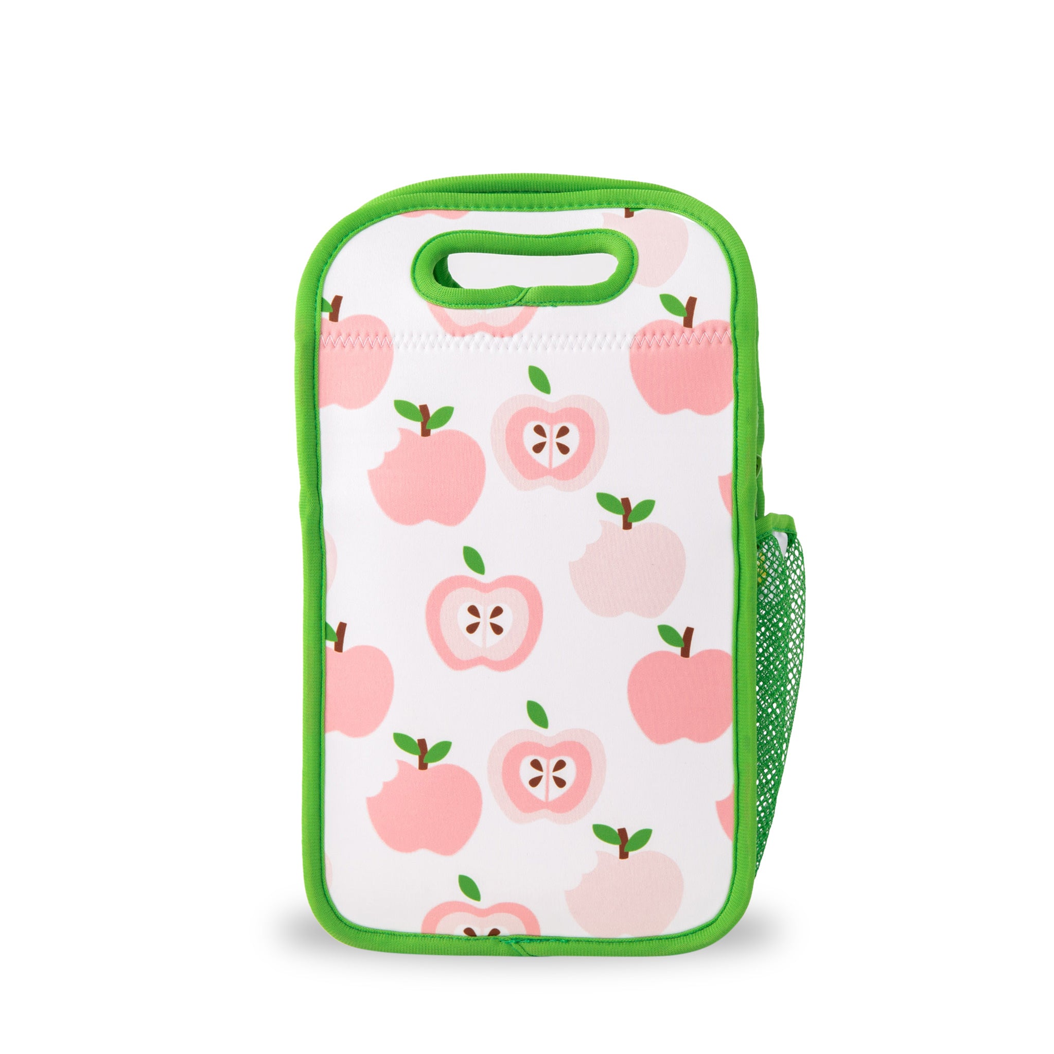 neoprene insulated lunch bag with light pink apple print and bright green binding - nudie rudie lunch box 