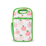 neoprene insulated lunch bag with light pink apple print and bright green binding - nudie rudie lunch box 