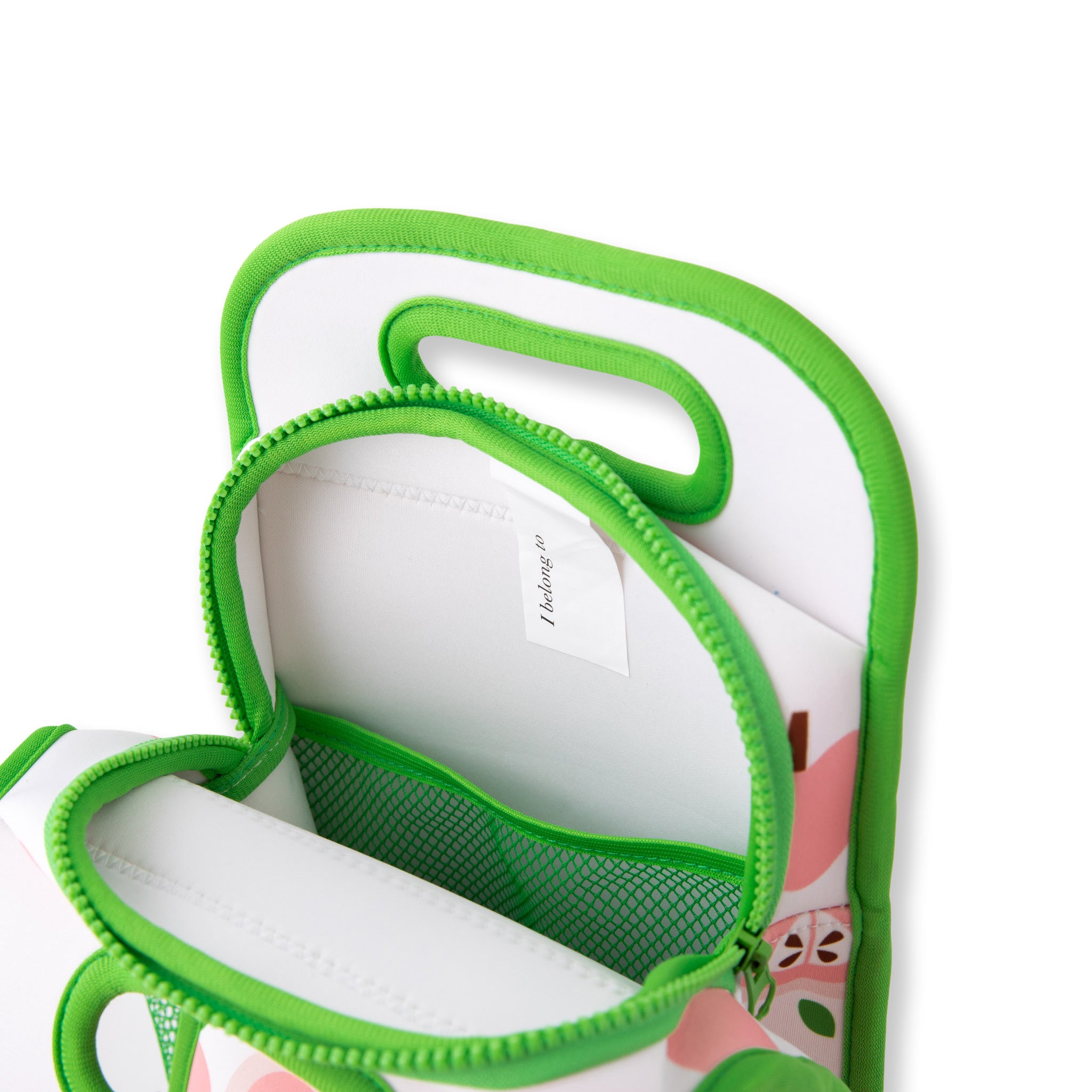 neoprene insulated lunch bag with light pink apple print and bright green binding - nudie rudie lunch box 